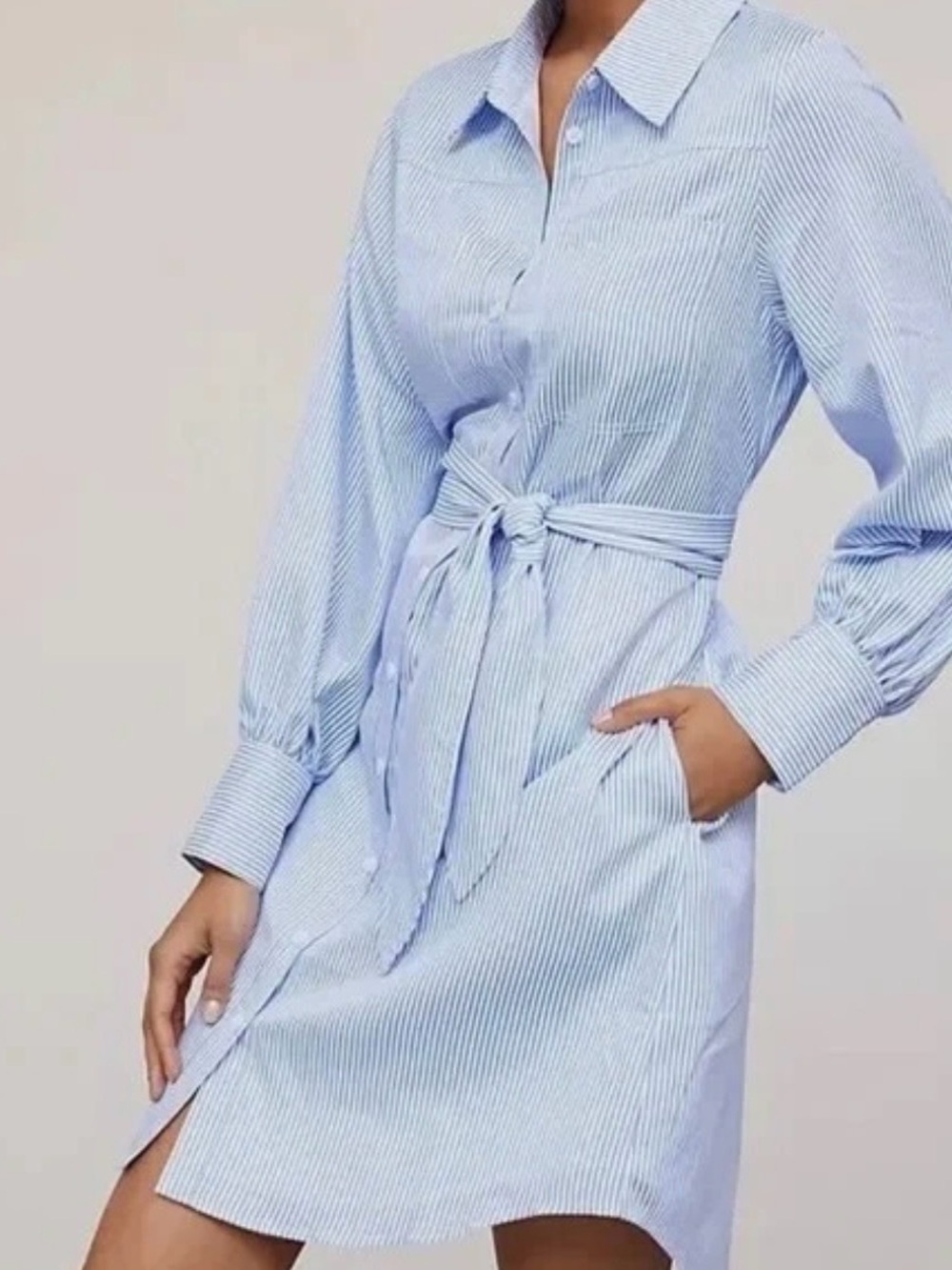 Anthropologie Mare Mare Blue Striped Long-Sleeve Shirt Dress Tie Waist